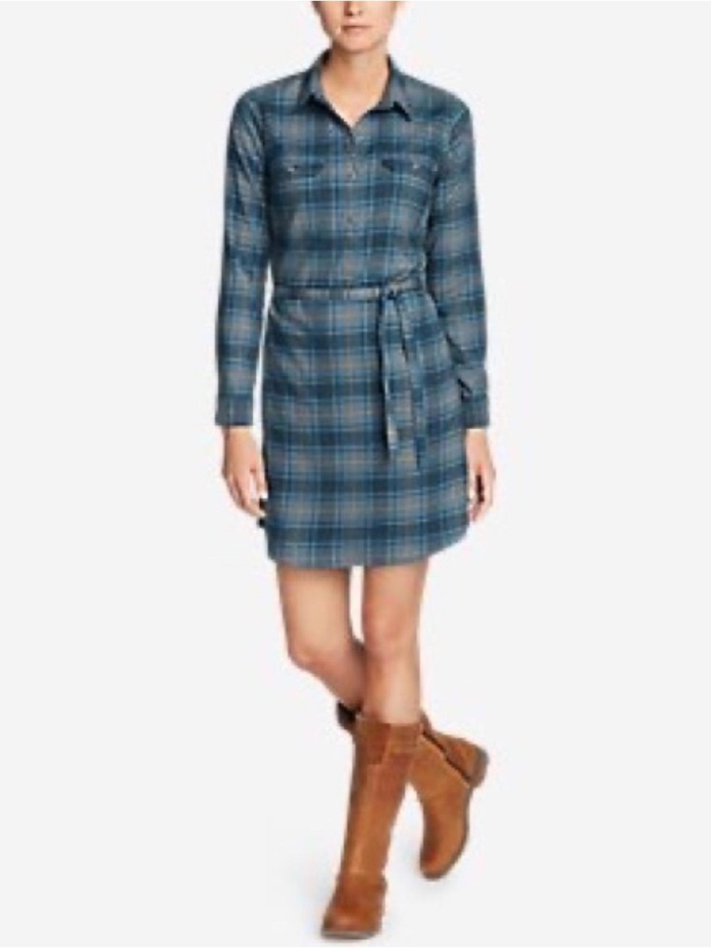 Eddie Bauer Flannel Blue Plaid Long-Sleeve Shirt Dress with Tie Waist (12)